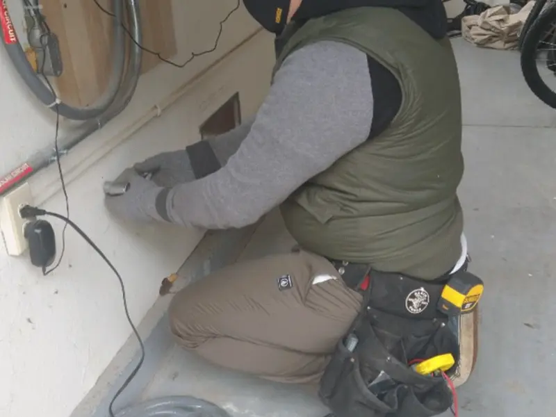 Electrician performing outlet wiring in a Robinson garage